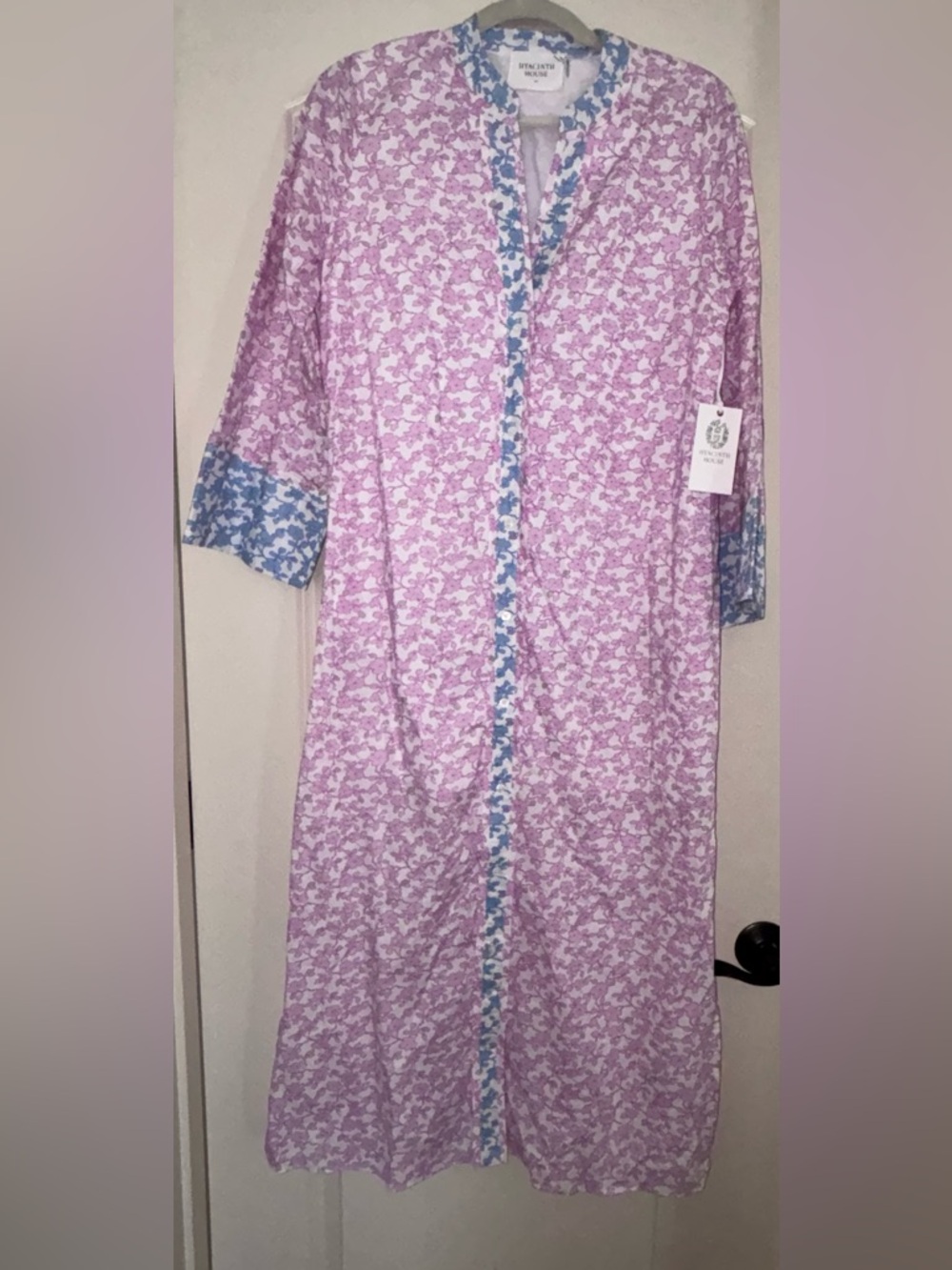 Hyacinth House bought through Tuckernuck. Pink Floral Caftan with Blue Trim